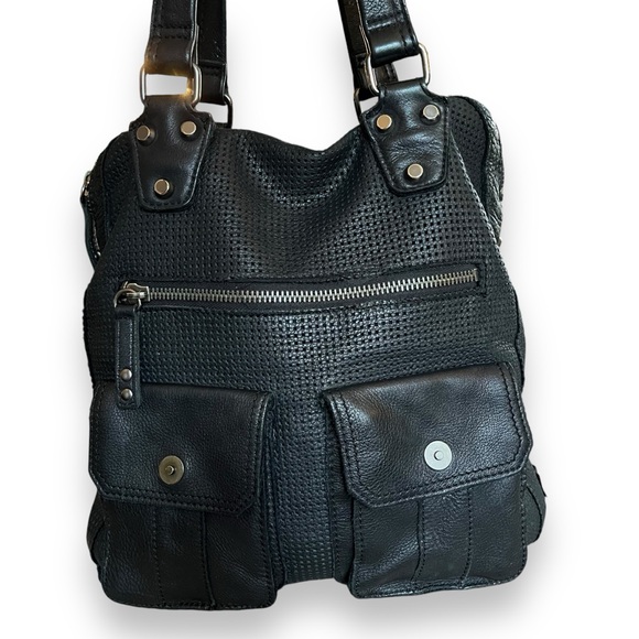 Linea Pelle Large Black Leather Perforated Zip Top Shoulder Bag Satchel Purse - Picture 5 of 11